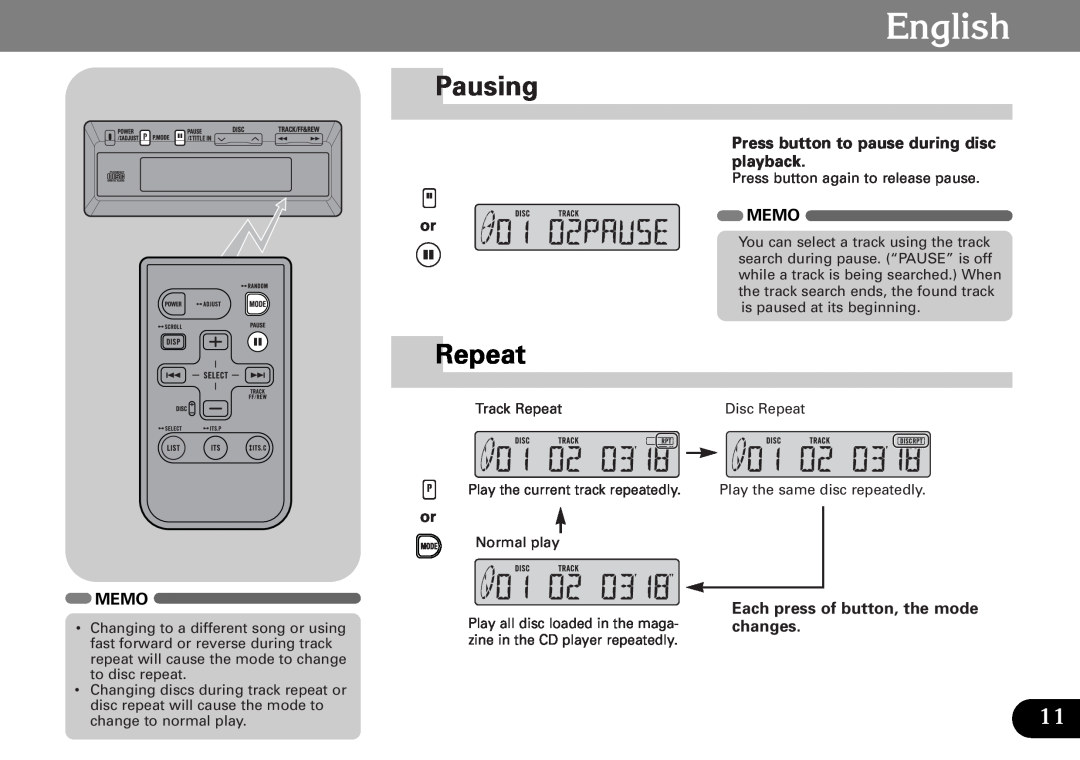 Pioneer CDX-FM687, CDX-FM1287 operation manual Pausing, Repeat, English, Press button to pause during disc playback, Memo 