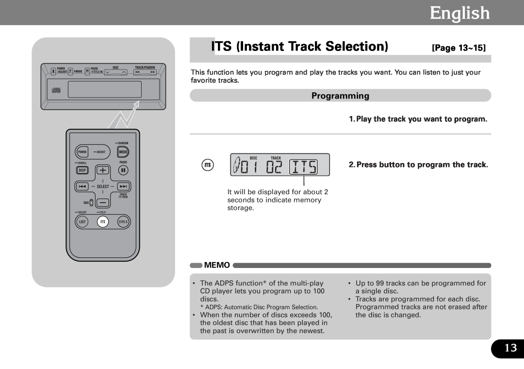 Pioneer CDX-FM687, CDX-FM1287 operation manual ITS Instant Track Selection, English, Page 13~15, Programming 