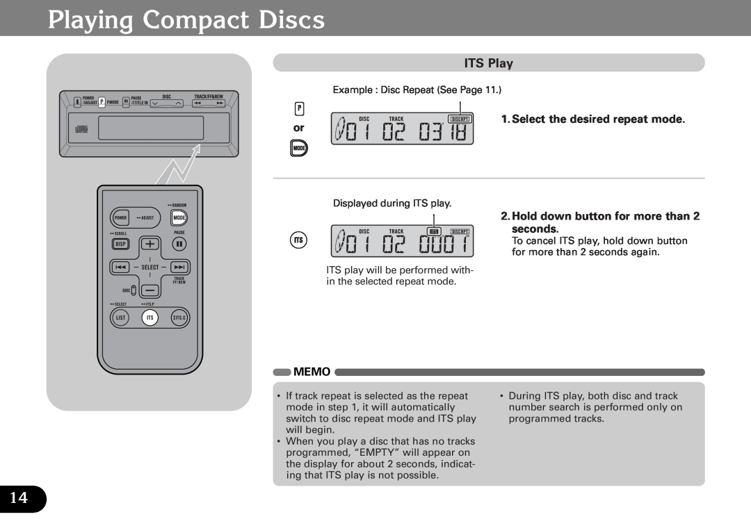 Pioneer CDX-FM1287, CDX-FM687 operation manual Playing Compact Discs, ITS Play, Select the desired repeat mode or, Memo 
