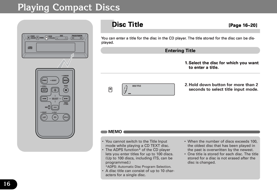 Pioneer CDX-FM1287, CDX-FM687 operation manual Disc Title, Playing Compact Discs, Page 16~20, Entering Title 