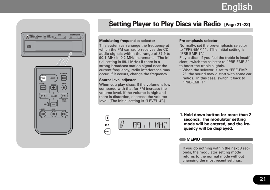 Pioneer CDX-FM687, CDX-FM1287 Setting Player to Play Discs via Radio Page 21~22, English, Modulating frequencies selector 