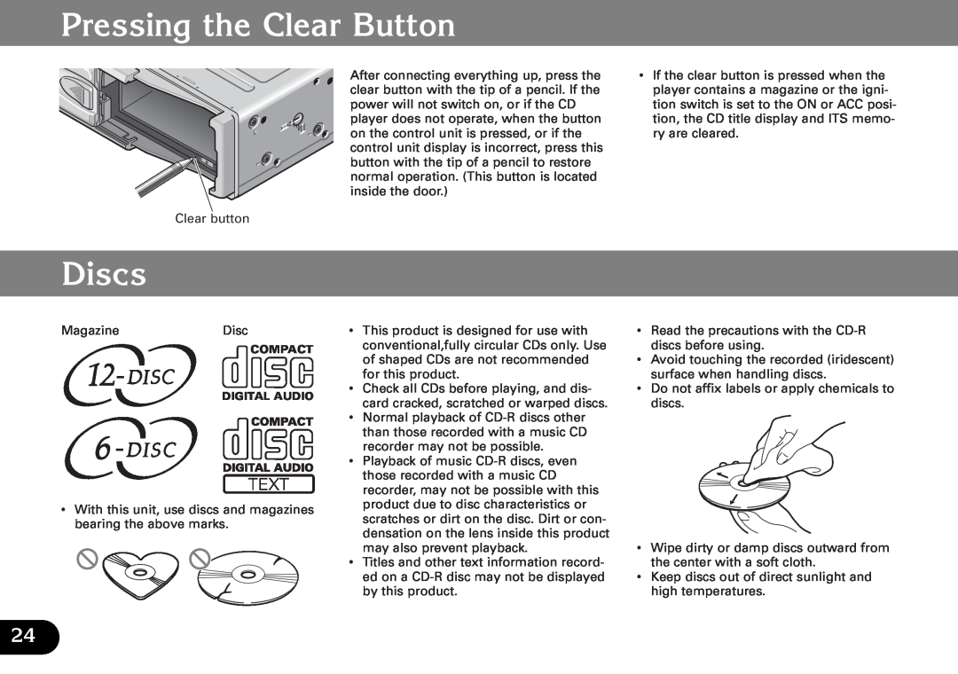 Pioneer CDX-FM1287, CDX-FM687 operation manual Pressing the Clear Button, Discs 