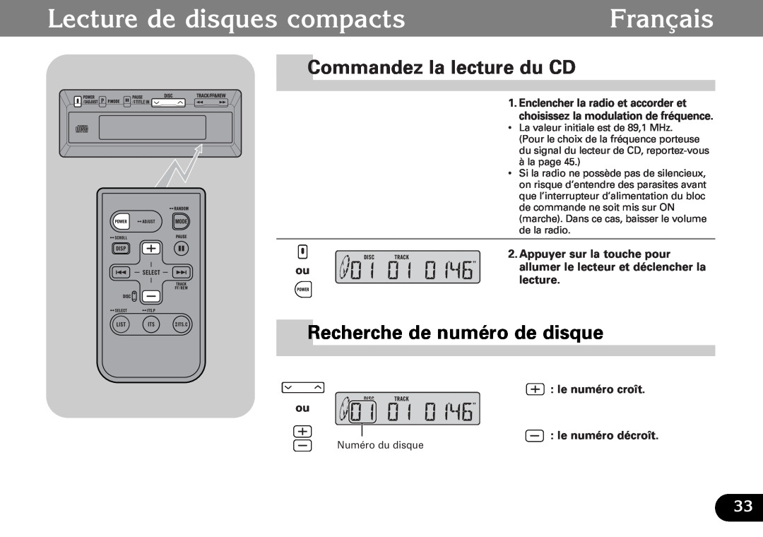 Pioneer CDX-FM687 Lecture de disques compacts, Commandez la lecture du CD, Recherche de numéro de disque, Français 