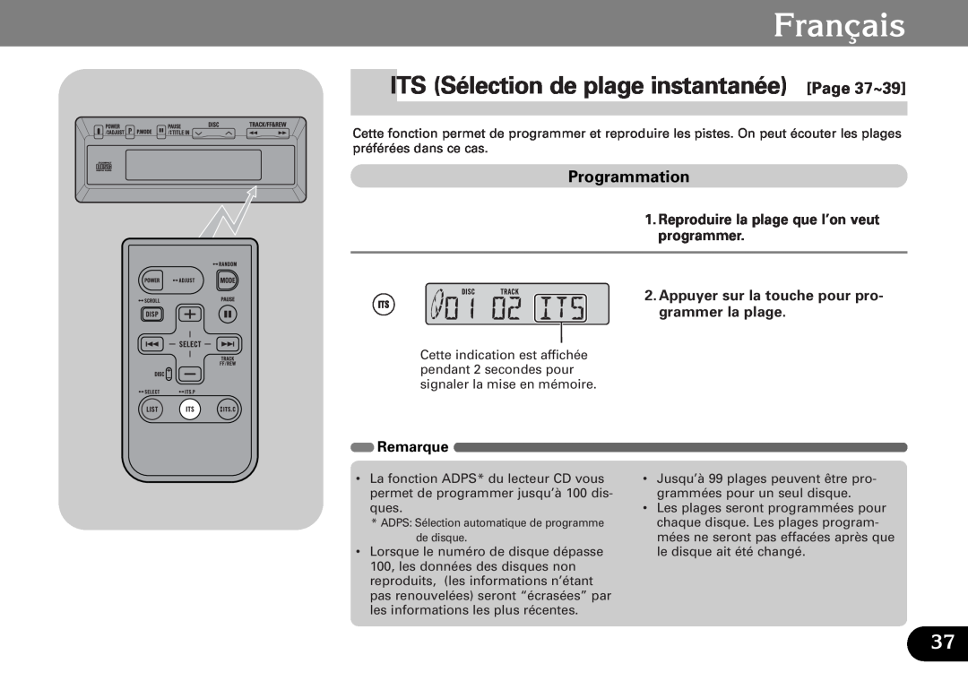 Pioneer CDX-FM687, CDX-FM1287 operation manual ITS Sélection de plage instantanée Page 37~39, Français, Programmation 