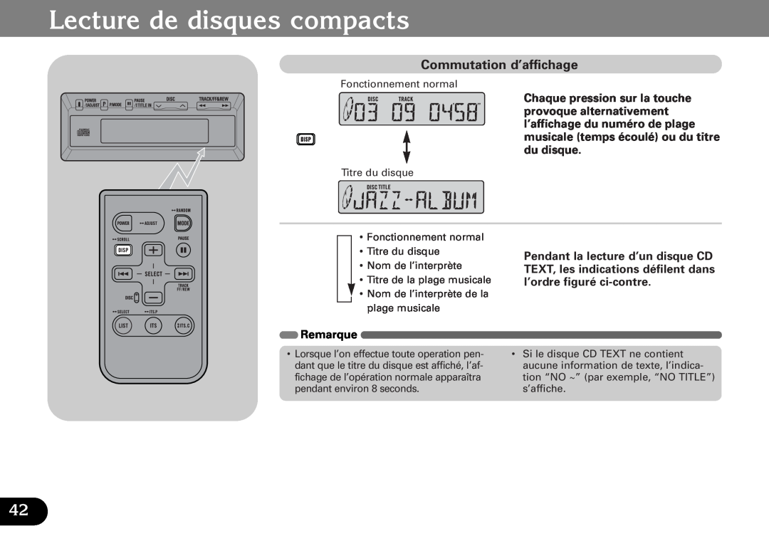 Pioneer CDX-FM1287, CDX-FM687 operation manual Lecture de disques compacts, Commutation d’affichage 
