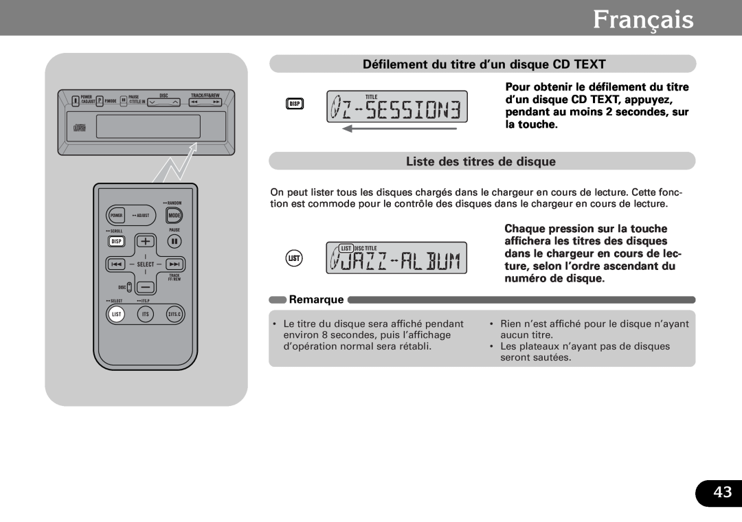 Pioneer CDX-FM687, CDX-FM1287 operation manual Français, Défilement du titre d’un disque CD TEXT, Liste des titres de disque 