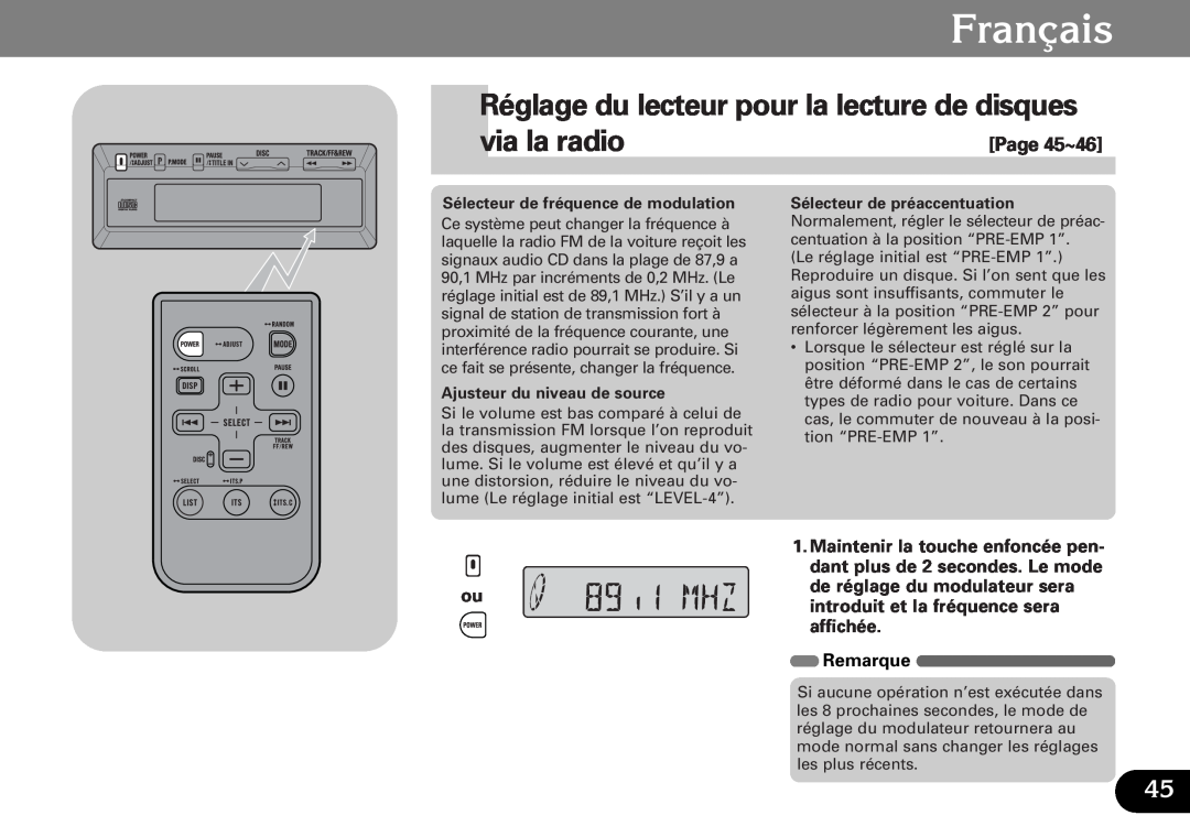 Pioneer CDX-FM687, CDX-FM1287 operation manual Français, Sélecteur de fréquence de modulation, Ajusteur du niveau de source 