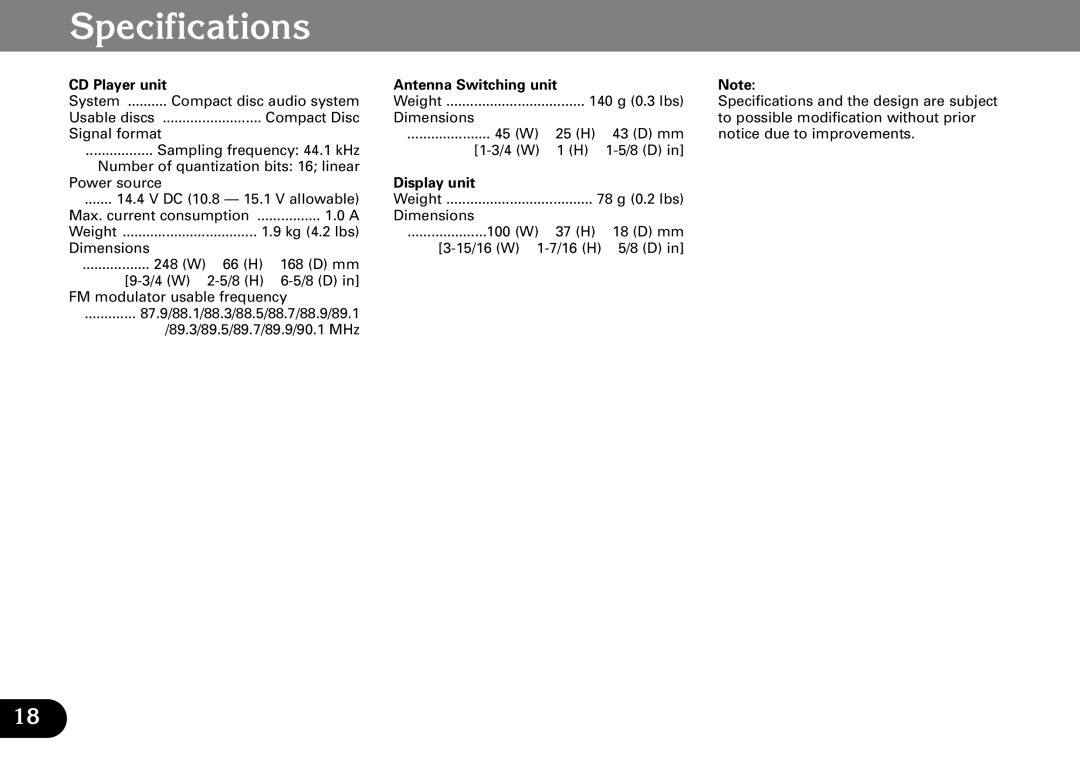 Pioneer CDX-FM673 operation manual Specifications, CD Player unit Antenna Switching unit, Display unit 