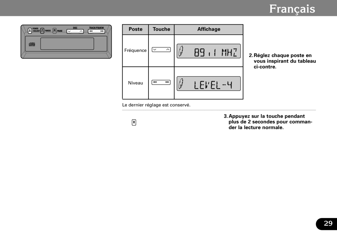 Pioneer CDX-FM673 operation manual Poste Touche Affichage 