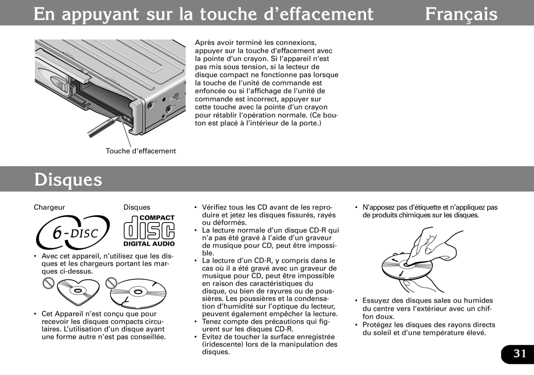 Pioneer CDX-FM673 operation manual En appuyant sur la touche d’effacement Français, Disques 