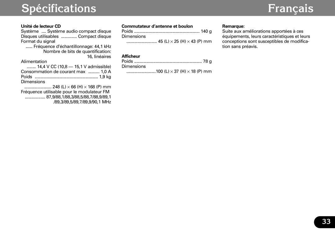 Pioneer CDX-FM673 operation manual Spécifications Français, Afficheur 