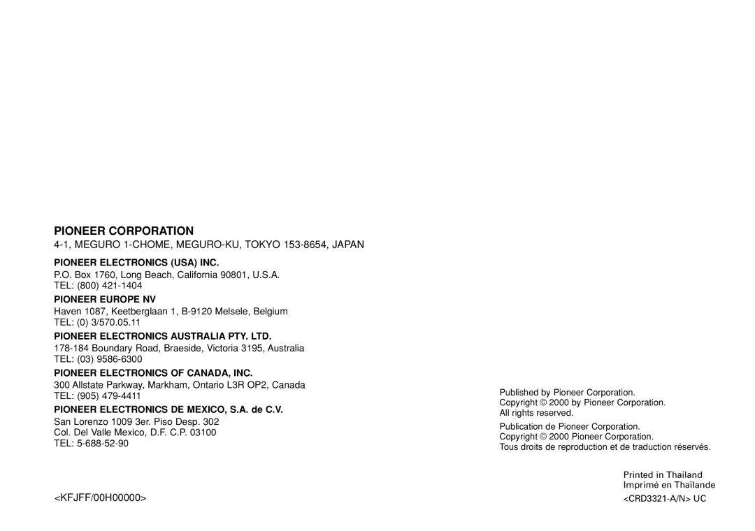 Pioneer CDX-FM673 operation manual Pioneer Corporation 