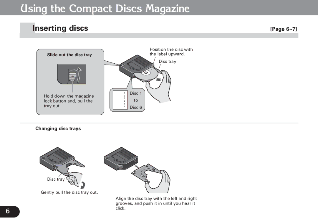 Pioneer CDX-FM673 Using the Compact Discs Magazine, Inserting discs, Changing disc trays, Slide out the disc tray 