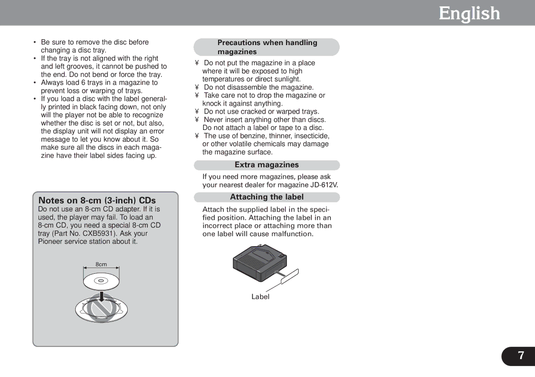 Pioneer CDX-FM673 operation manual Extra magazines, Attaching the label, Precautions when handling magazines 