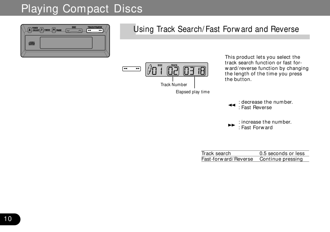 Pioneer CDX-FM673 operation manual Playing Compact Discs, Using Track Search/Fast Forward and Reverse 