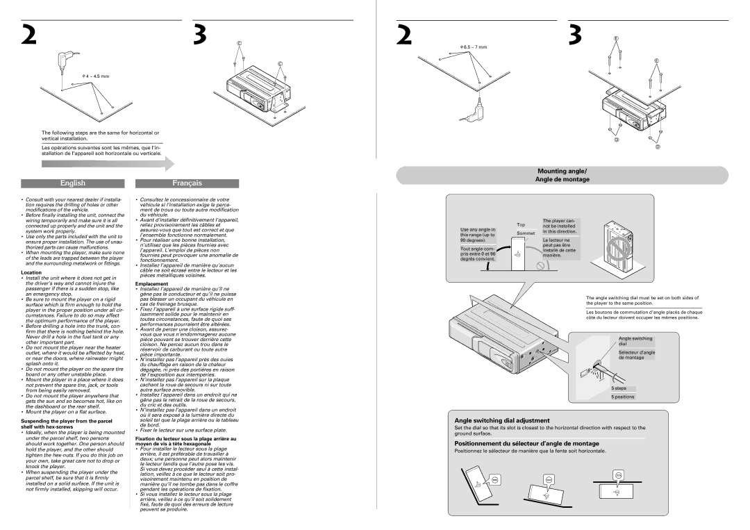 Pioneer CDX-FM673 operation manual Mounting angle Angle de montage, Angle switching dial adjustment 