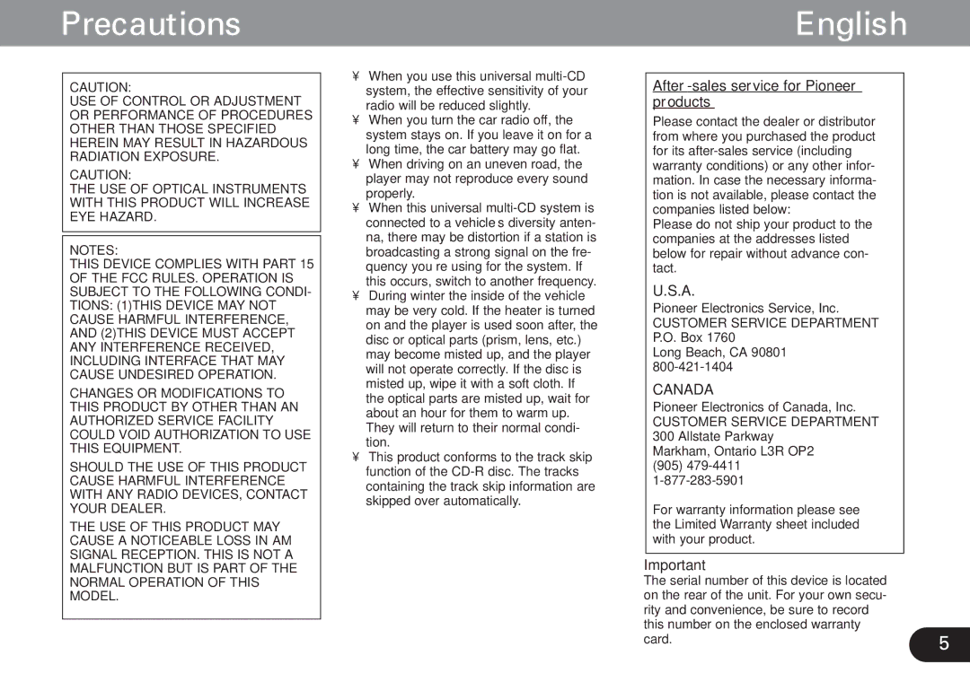 Pioneer CDX-FM673 operation manual Precautions, English, After-sales service for Pioneer products 