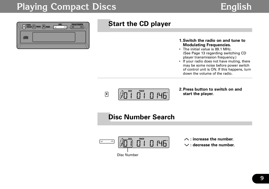 Pioneer CDX-FM673 operation manual Playing Compact Discs English, Start the CD player, Disc Number Search 