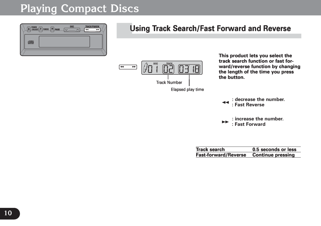 Pioneer CDX-FM673 Playing Compact Discs, Using Track Search/Fast Forward and Reverse, decrease the number Fast Reverse 