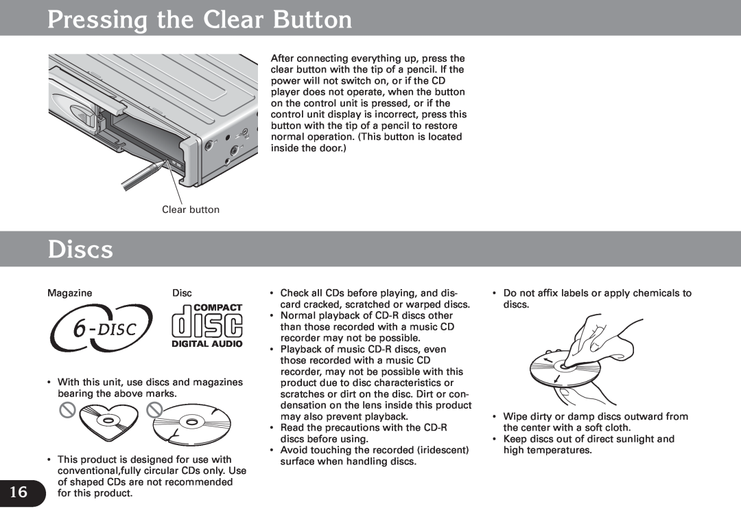 Pioneer CDX-FM673 operation manual Pressing the Clear Button, Discs 