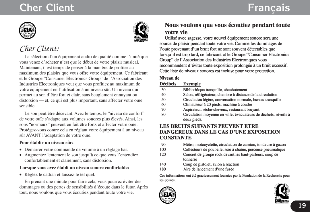 Pioneer CDX-FM673 operation manual Cher Client, Français, Pour établir un niveau sûr, Niveau de, Exemple 