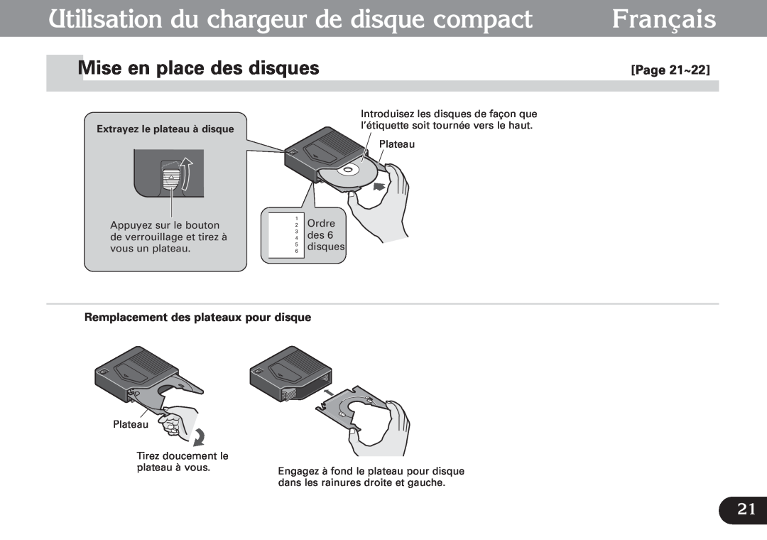 Pioneer CDX-FM673 Utilisation du chargeur de disque compact, Mise en place des disques, Français, Page 21~22 
