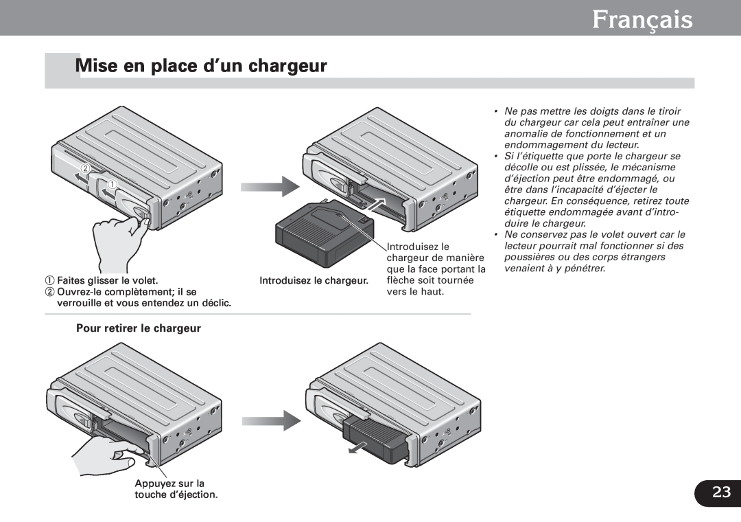 Pioneer CDX-FM673 operation manual Mise en place d’un chargeur, Français, Pour retirer le chargeur 
