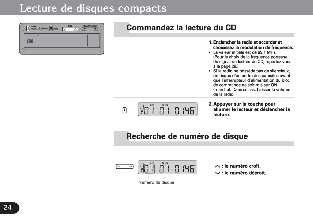 Pioneer CDX-FM673 operation manual Lecture de disques compacts, Commandez la lecture du CD, Recherche de numéro de disque 