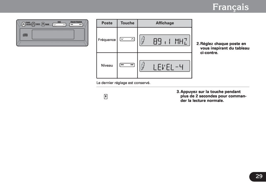 Pioneer CDX-FM673 operation manual Français, Poste, Touche, Affichage, Fréquence Niveau Le dernier réglage est conservé 