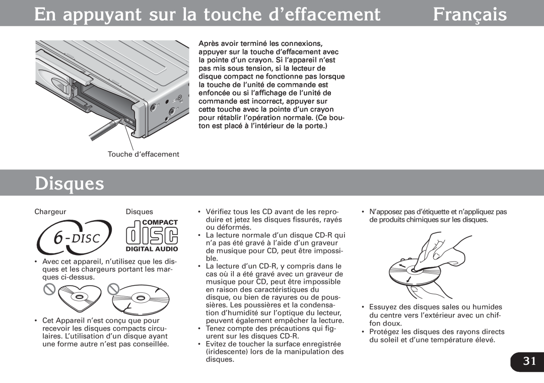 Pioneer CDX-FM673 operation manual En appuyant sur la touche d’effacement, Disques, Français 