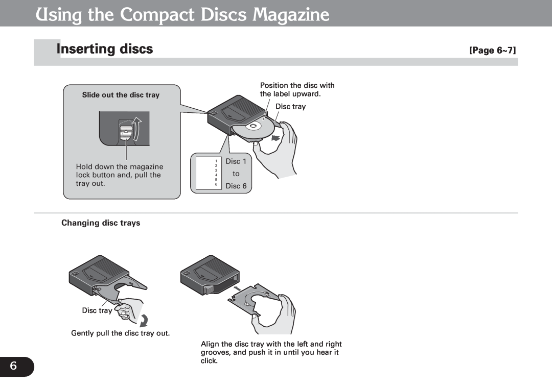 Pioneer CDX-FM673 operation manual Using the Compact Discs Magazine, Inserting discs, Page 6~7, Changing disc trays 