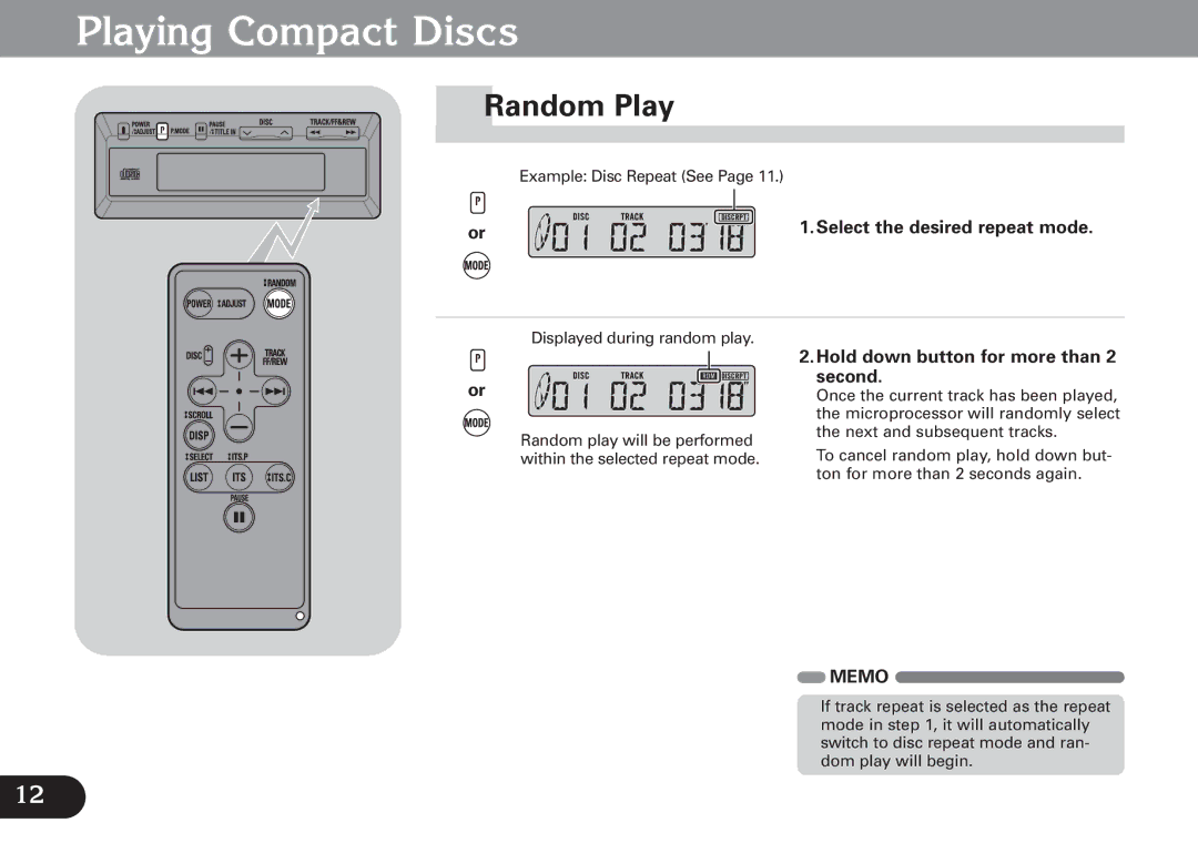 Pioneer CDX-FM677 operation manual Random Play, Select the desired repeat mode, Hold down button for more than 2 second 