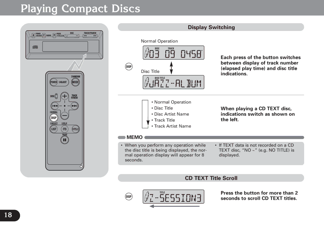 Pioneer CDX-FM677 operation manual Display Switching, CD Text Title Scroll 