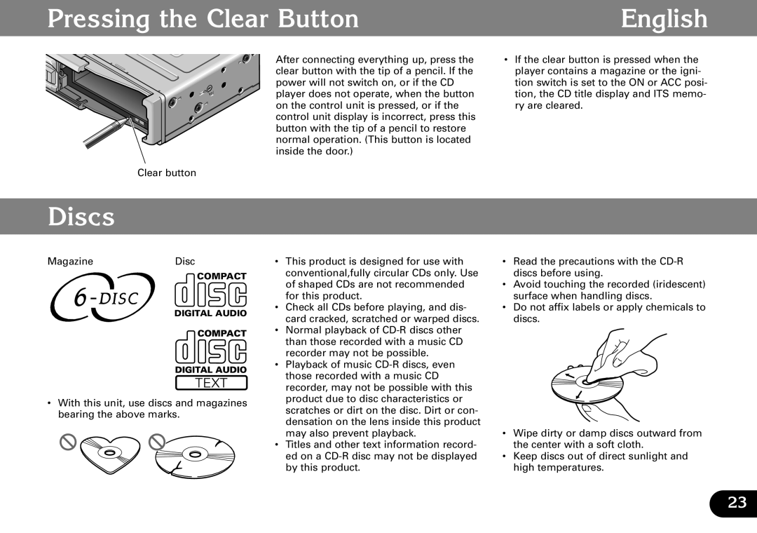 Pioneer CDX-FM677 operation manual Pressing the Clear Button English, Discs 