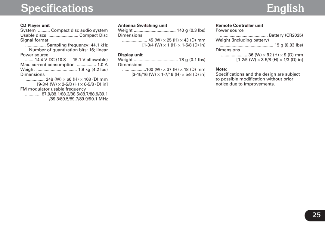 Pioneer CDX-FM677 operation manual Specifications English, Antenna Switching unit Remote Controller unit, Display unit 