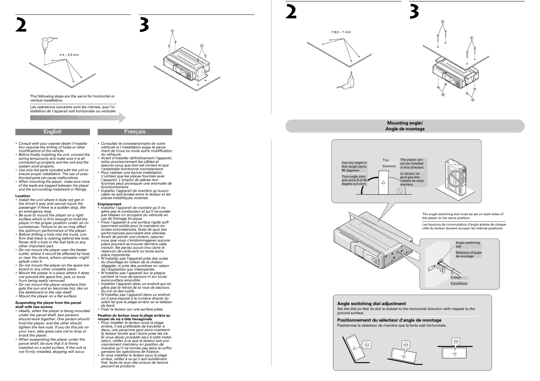 Pioneer CDX-FM677 operation manual Mounting angle Angle de montage, Angle switching dial adjustment 