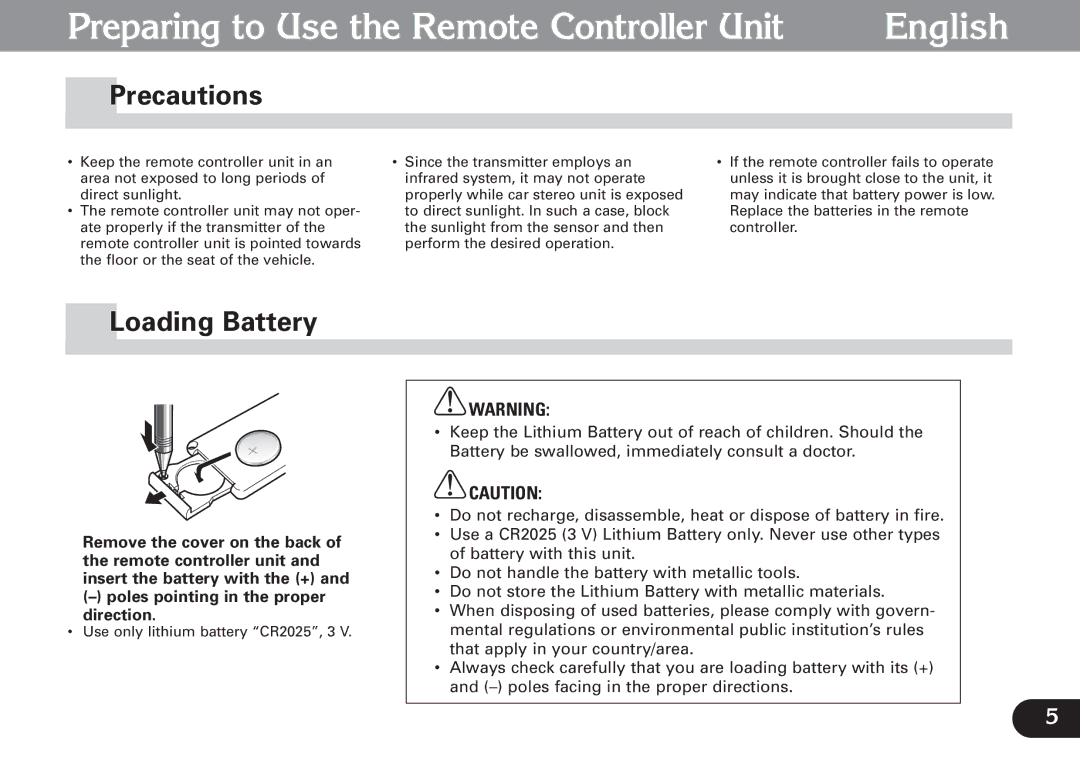 Pioneer CDX-FM677 operation manual Preparing to Use the Remote Controller Unit English, Precautions, Loading Battery 