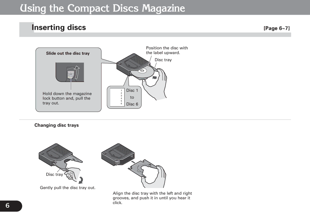 Pioneer CDX-FM677 Using the Compact Discs Magazine, Inserting discs, 6~7, Changing disc trays, Slide out the disc tray 