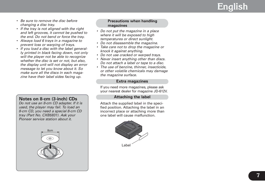 Pioneer CDX-FM677 operation manual Extra magazines, Attaching the label, Precautions when handling magazines 