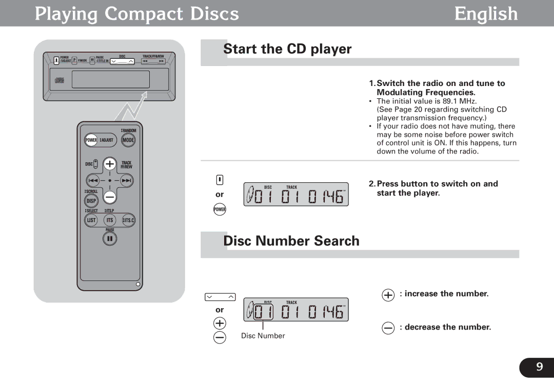 Pioneer CDX-FM677 operation manual Playing Compact Discs English, Start the CD player, Disc Number Search 