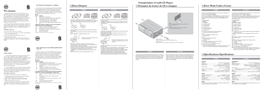 Pioneer CDX-P1270 owner manual General, Audio, Généralités 