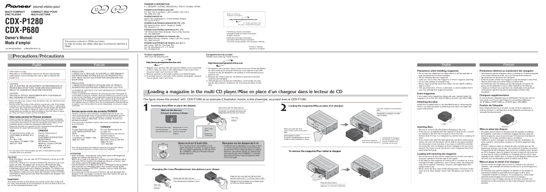 Pioneer CDX-P680, CDX-P1280 owner manual Precautions/Précautions 