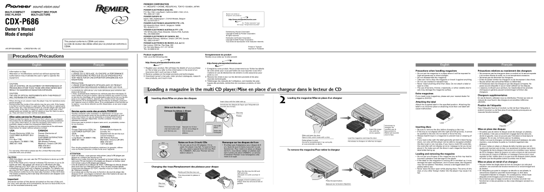 Pioneer CDX-P686 owner manual Precautions/Précautions 