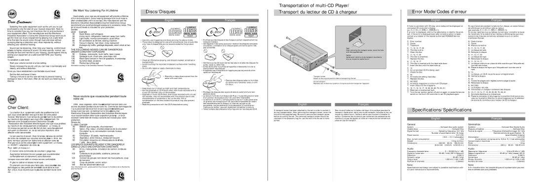 Pioneer CDX-P686 owner manual Discs/Disques, Specifications/Spécifications, General, Audio, Généralités 