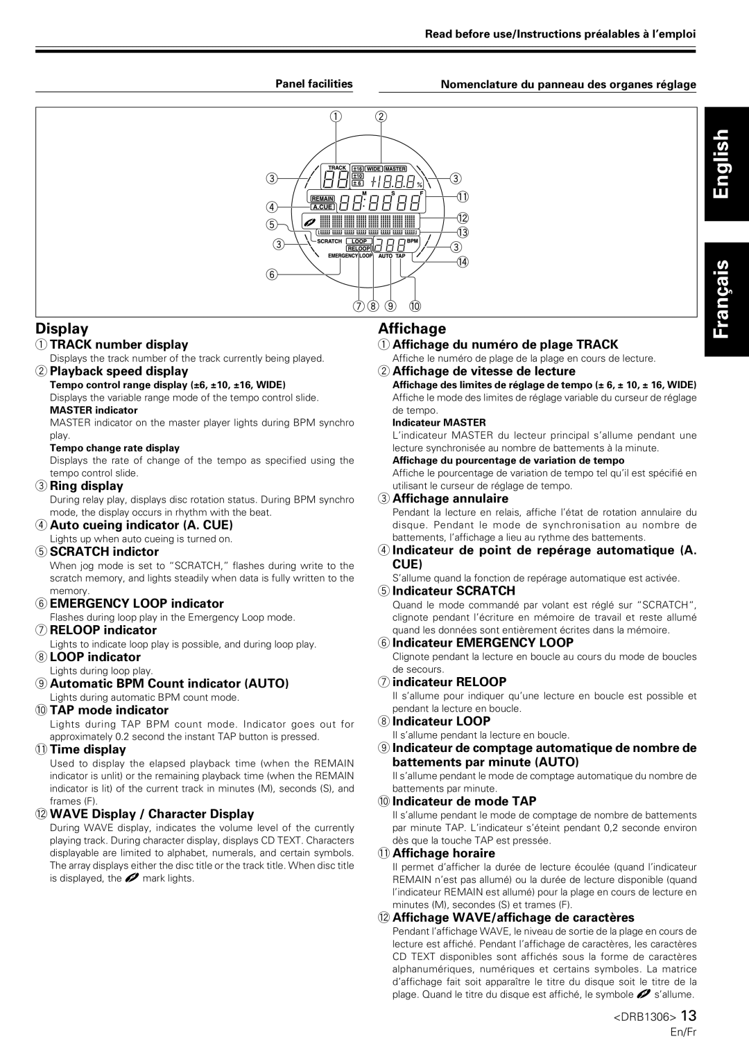 Pioneer CMX-3000 operating instructions Display, Affichage 