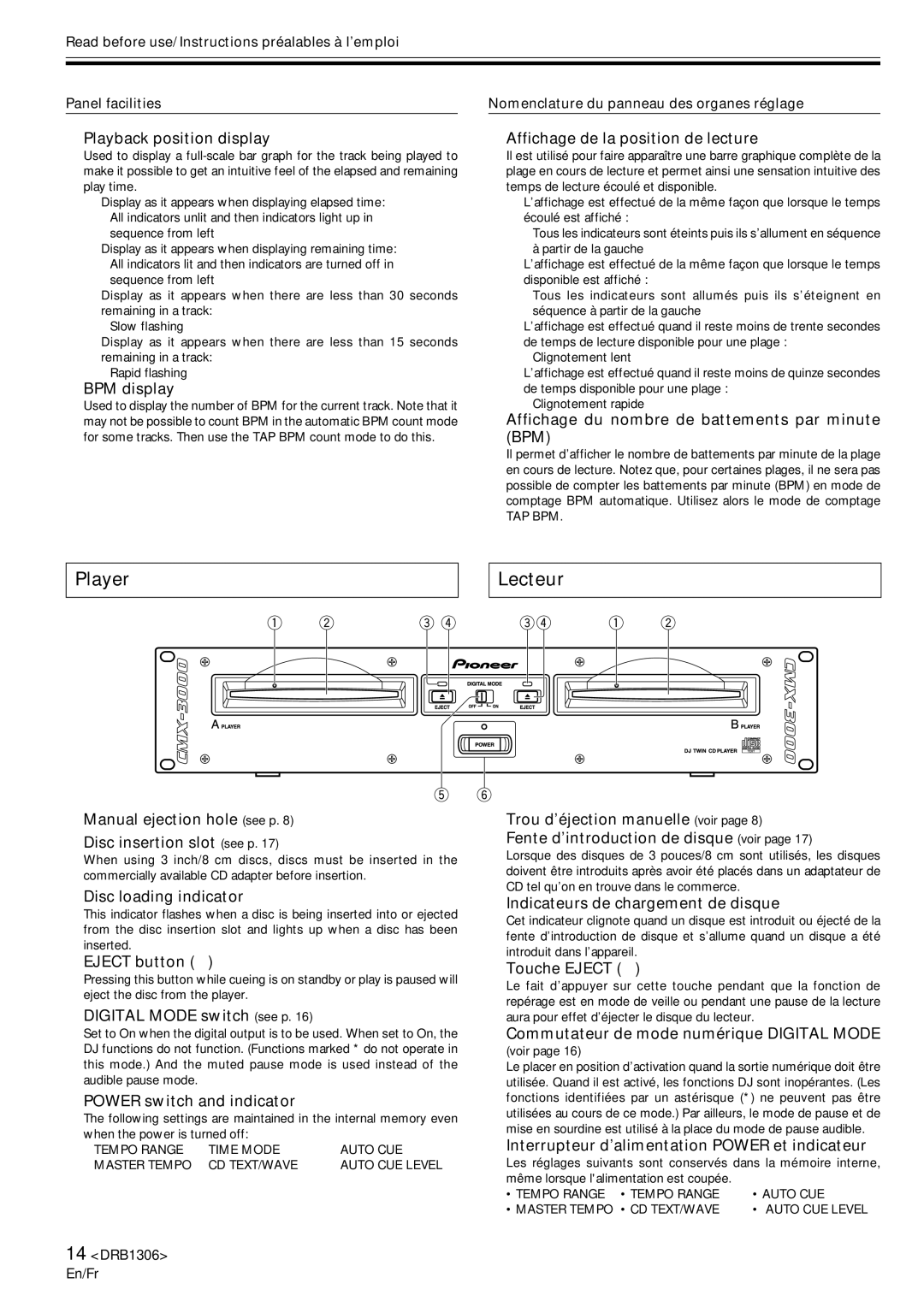 Pioneer CMX-3000 operating instructions Player Lecteur 