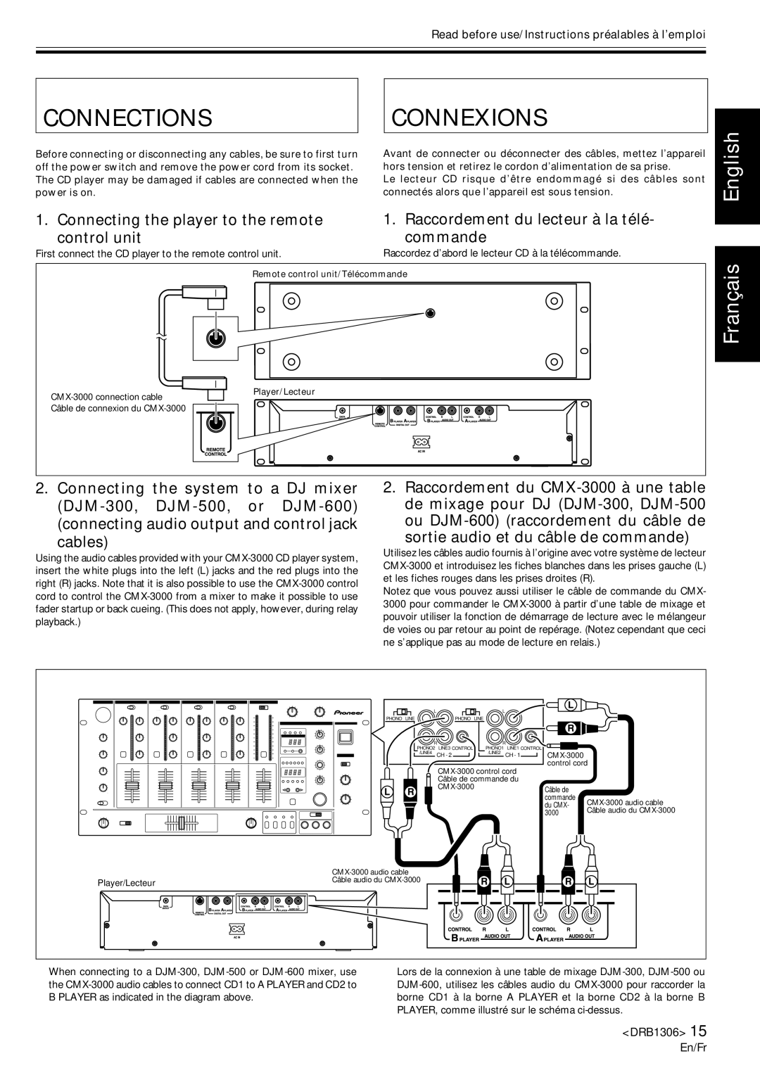 Pioneer CMX-3000 Connections Connexions, Cables, Le lecteur CD risque d’être endommagé si des câbles sont 