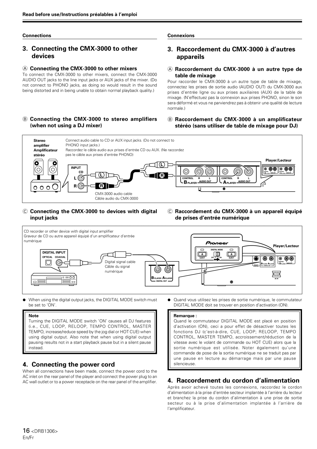 Pioneer operating instructions Connecting the CMX-3000 to other devices, Raccordement du CMX-3000 à d’autres appareils 