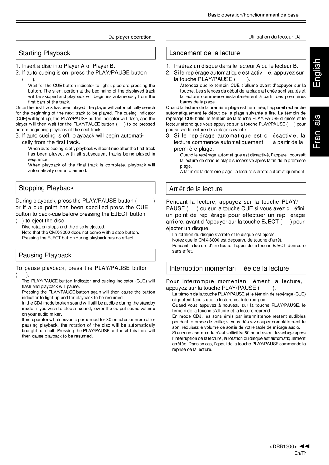 Pioneer CMX-3000 Starting Playback Lancement de la lecture, Stopping Playback Arrêt de la lecture, Pausing Playback 
