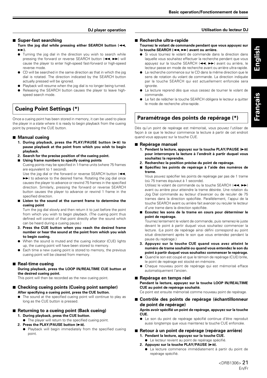 Pioneer CMX-3000 operating instructions Cueing Point Settings, Paramétrage des points de repérage 